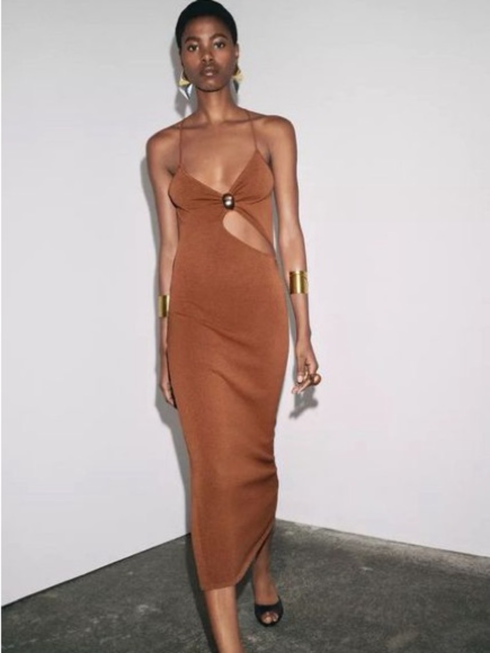 Zara Bronze-Brown Cutout Slip Dress with Decorative Ring